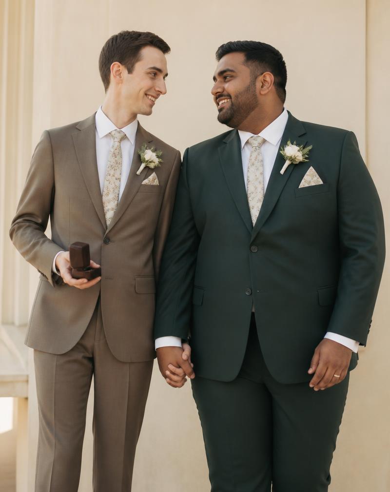Two grooms holding hands with a ring box